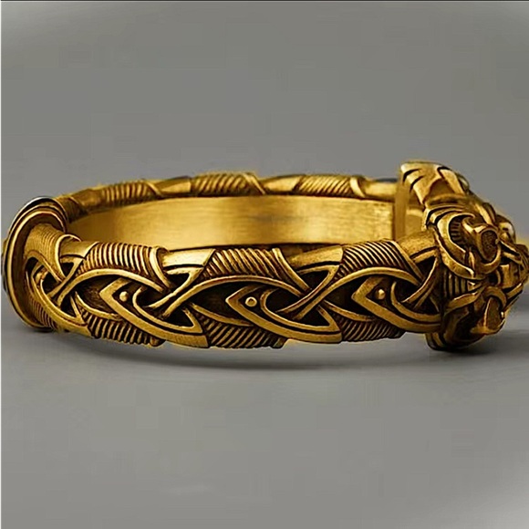 Gold Wolf Head Viking Norse Knotwork Cuff Bangle Bracelet - Picture 6 of 6
